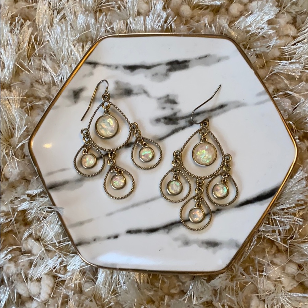Gold Tone and Opal Hue Dangle Earrings